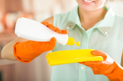 Carpet cleaner preparing safe equipment and workspace
