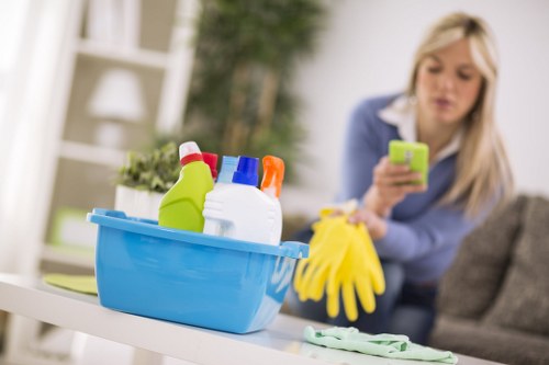 Cleaner reaching upper-floor windows on a property in N10